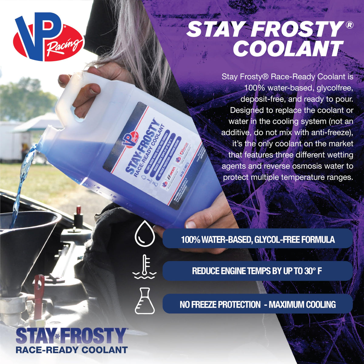 VP Racing close-up of label highlighting race-ready coolant features