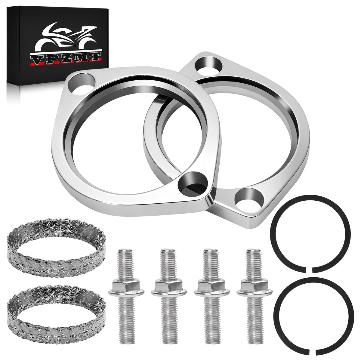 VPZMT kit front packaging showing all included exhaust flange parts for quick identification and confidence