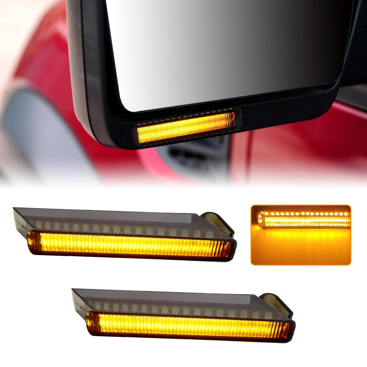 Vrasly front view smoked LED mirror signals showing sleek OEM look and improved visibility