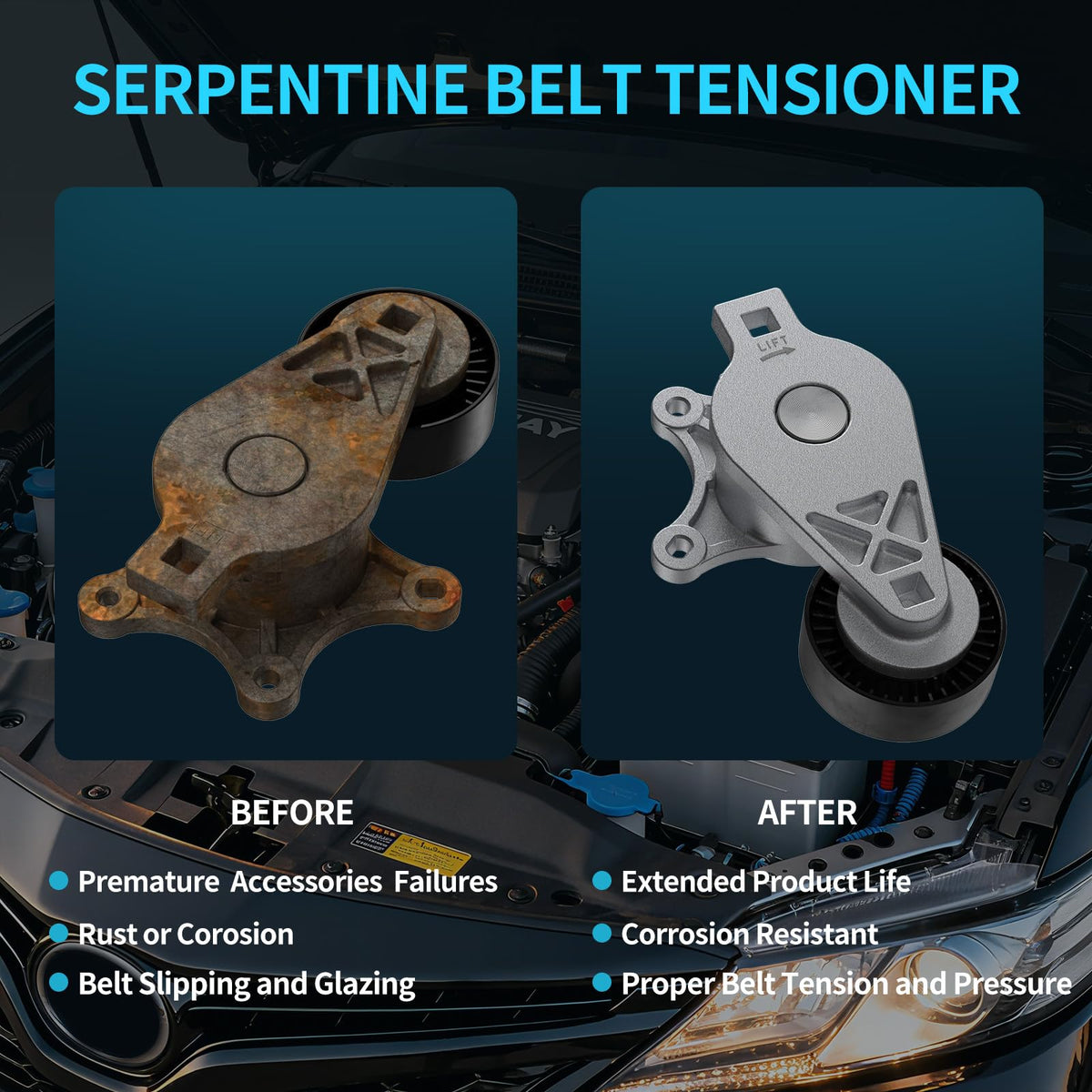 VROVO tensioner installed under hood demonstrating direct-fit replacement benefit