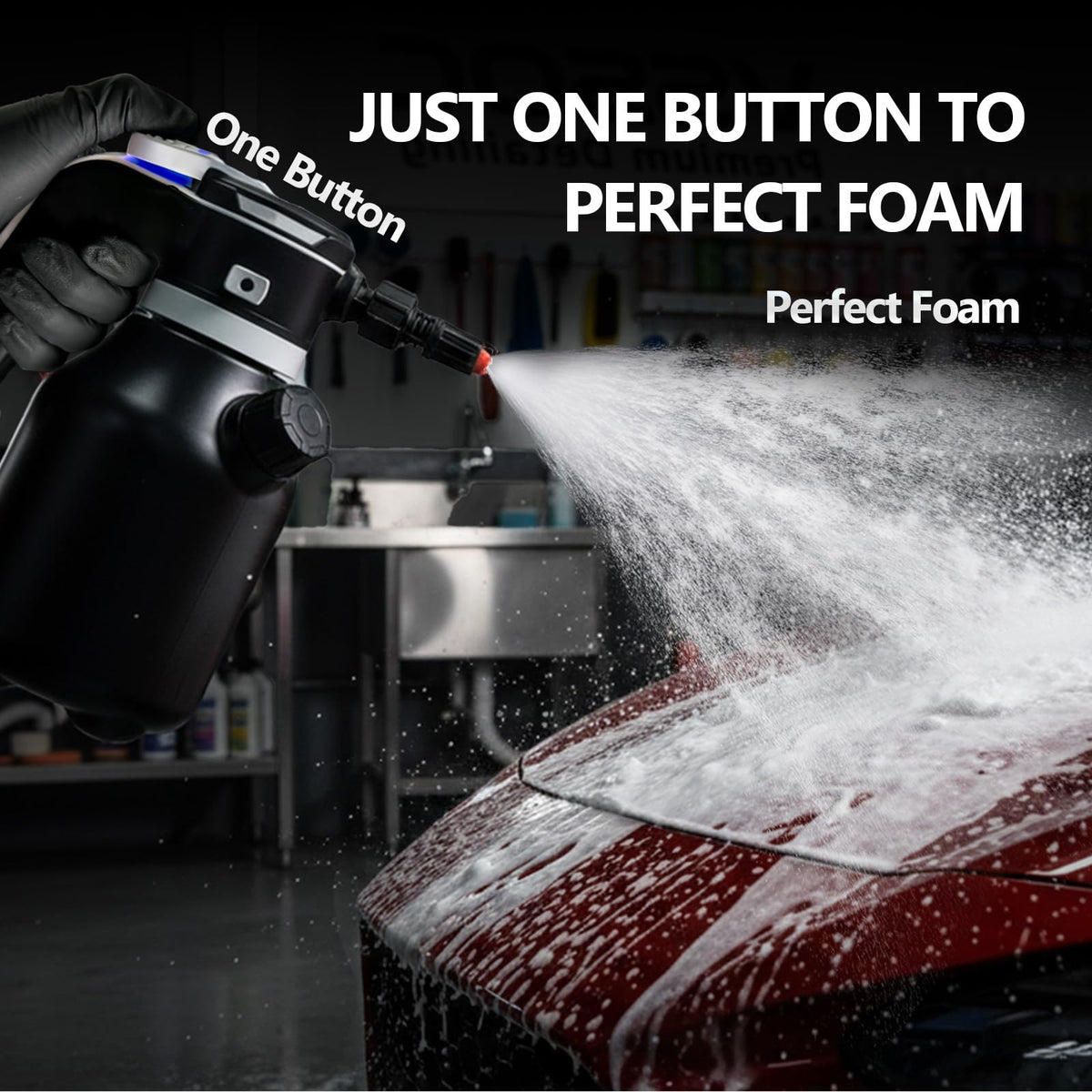 VSSOC spraying thick foam on a car demonstrating improved dirt-lifting action