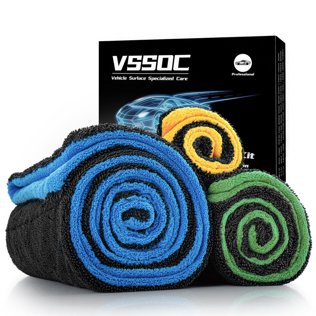 VSSOC front packaging showing towel set and colors for quick identification and organization