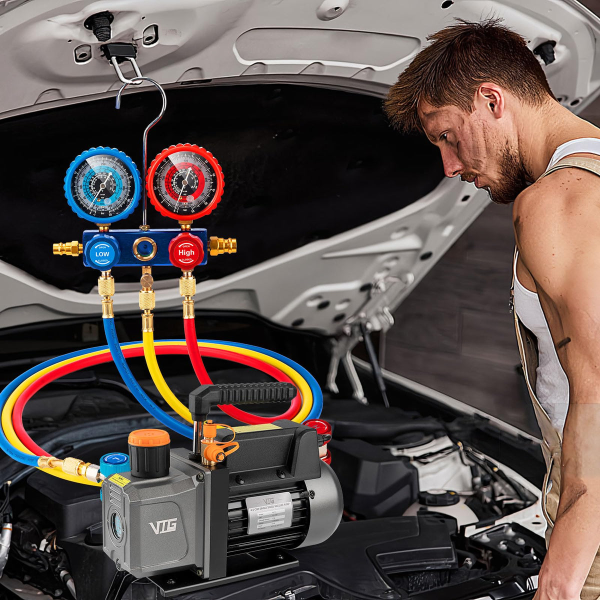 VTG VOGTEN kit in use on car AC demonstrating real-world service efficiency
