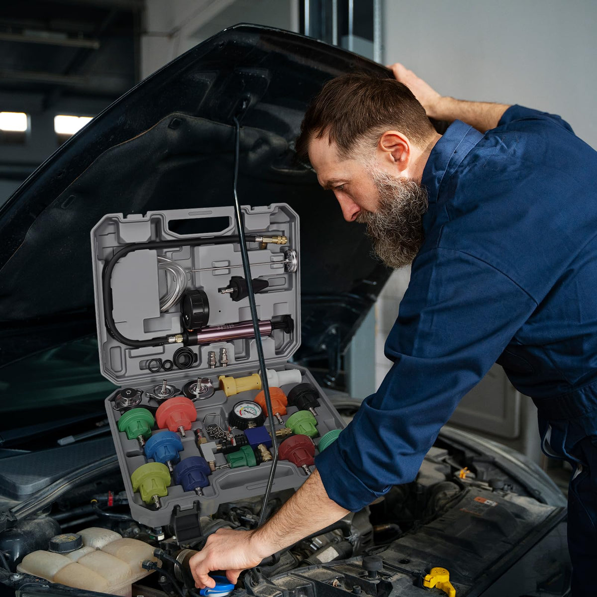 VTG VOGTEN kit attached to car radiator in use for accurate leak diagnosis