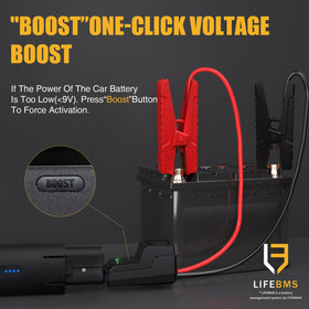 VTOMAN clamp in use on car battery illustrating quick roadside boost