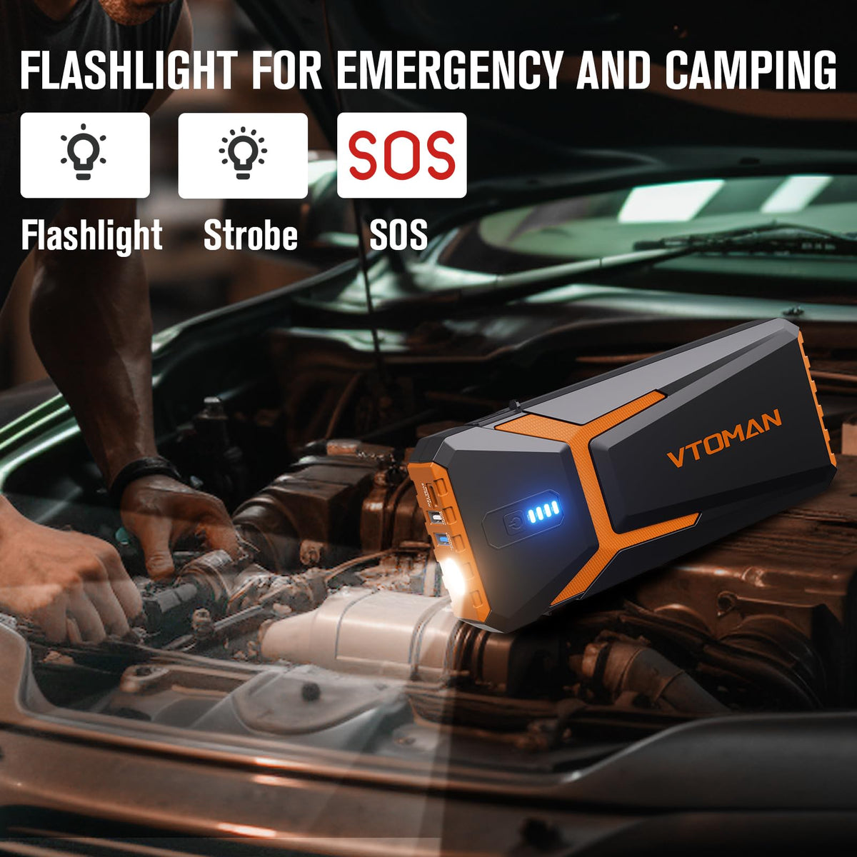 VTOMAN V10 Pro LED lit in dark demonstrating 400-lumen light with SOS and strobe for emergency visibility