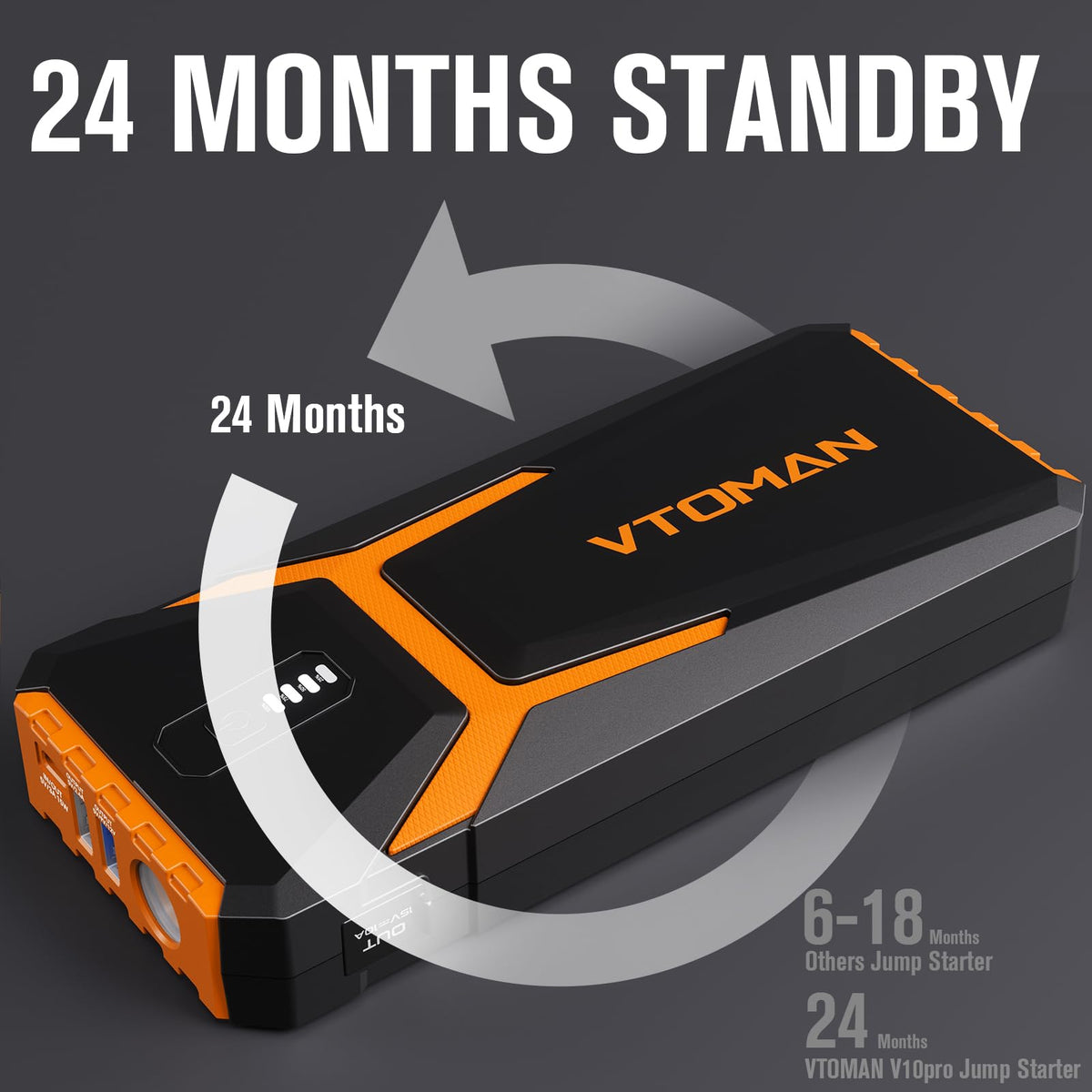 VTOMAN storage case open with cables and manual organized, illustrates portable all-in-one kit convenience