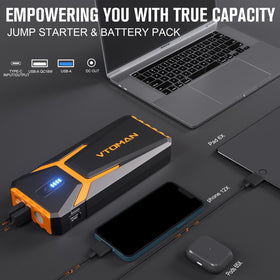 VTOMAN port cluster showing USB-C, dual USB-A and 15V DC ports, useful for charging multiple devices