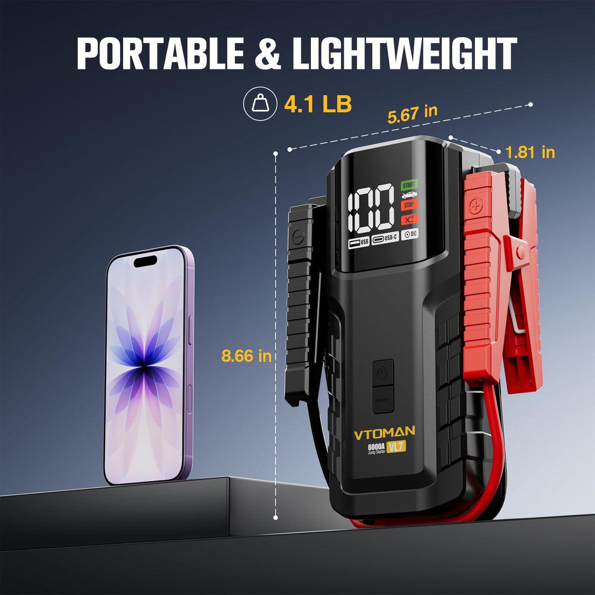 VTOMAN VL7 connected to a car battery demonstrating reliable quick starting benefit