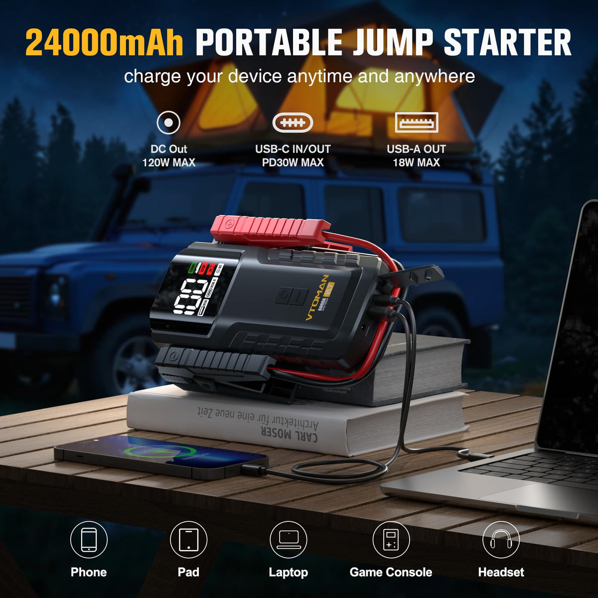 VTOMAN VL7 ports and cables showing Type-C PD and USB-A fast-charging benefits