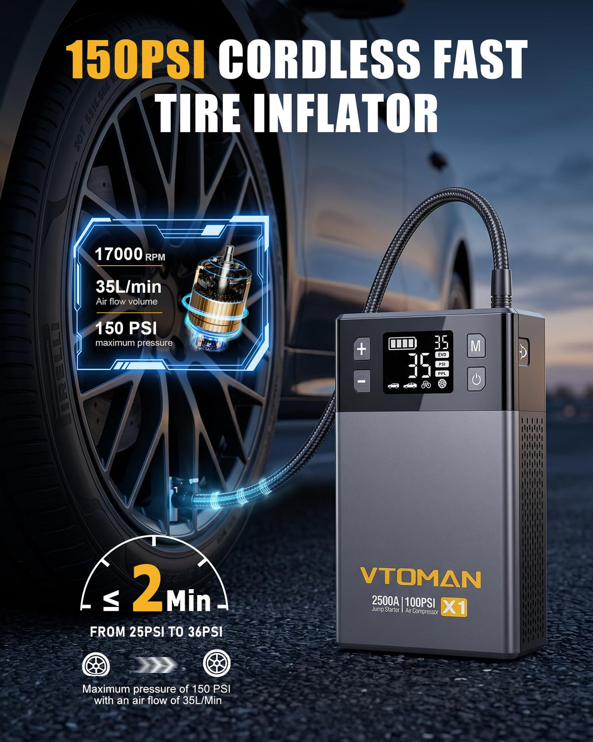 VTOMAN X1 compressor nozzle close-up showing quick-connect inflator benefit