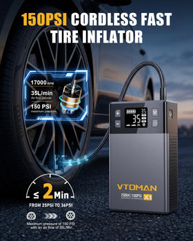VTOMAN X1 compressor nozzle close-up showing quick-connect inflator benefit