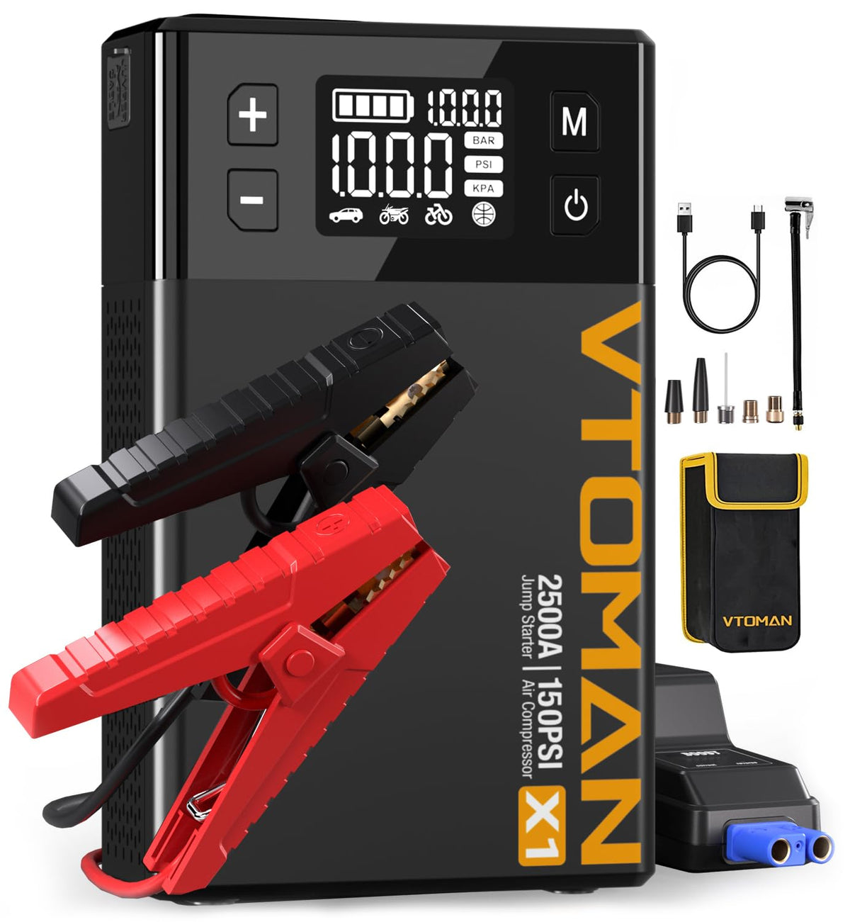 VTOMAN X1 front panel view showing controls and portability for quick roadside help