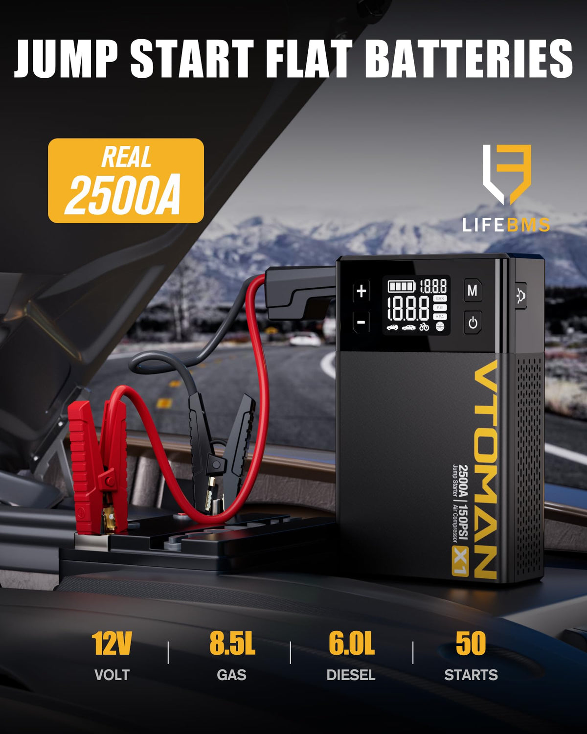 VTOMAN X1 with smart jumper cables attached illustrating safe fast vehicle starting