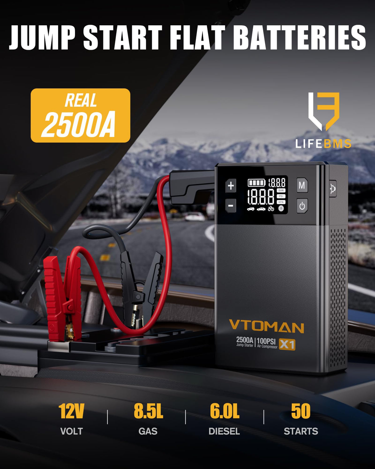 VTOMAN X1 top LCD and controls displaying digital pressure and settings