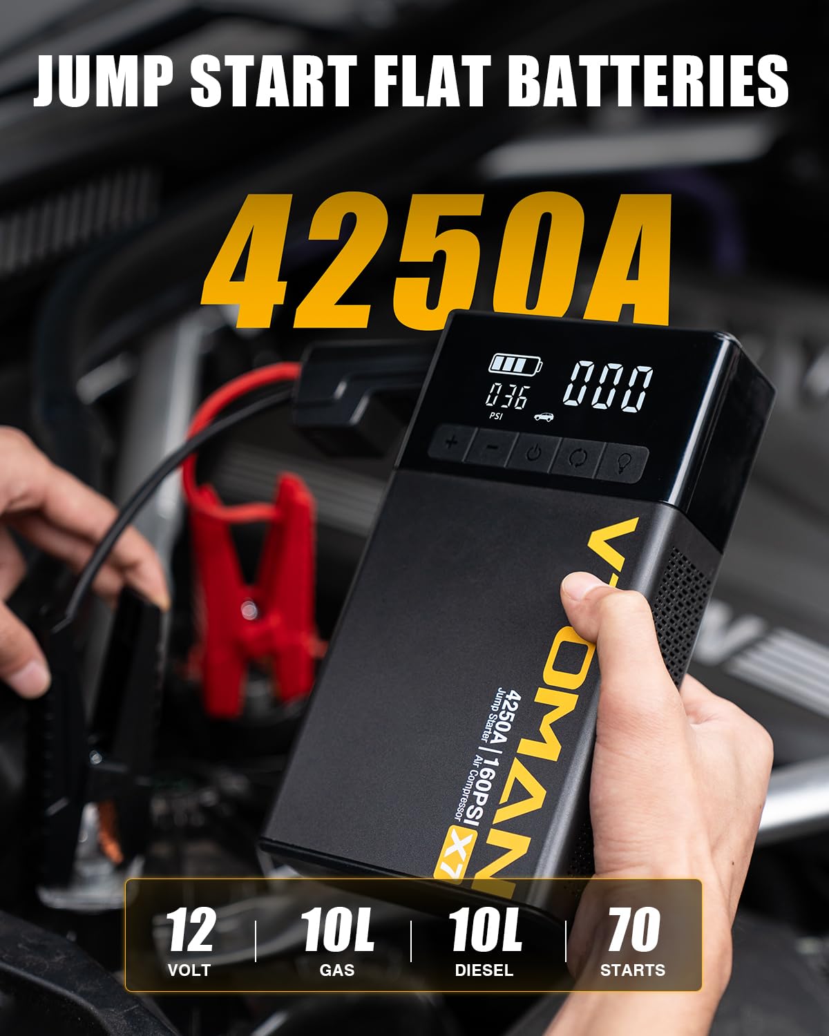 VTOMAN smart jumper cables connected to clamps highlighting spark-proof safety