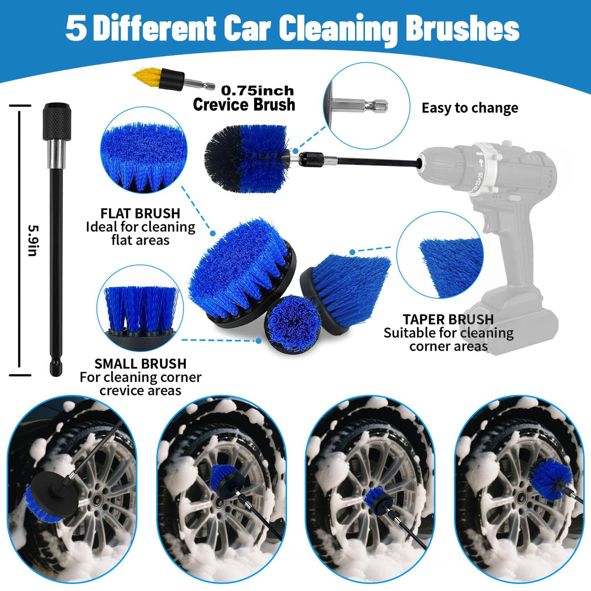 VTSHENY drill brushes and polishing pads arranged to speed exterior cleaning