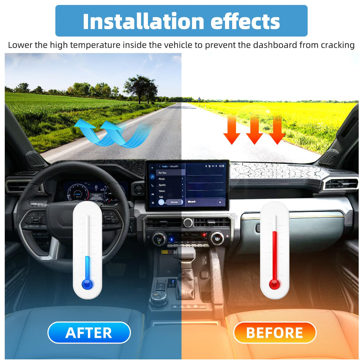 VTVWNM installed on Toyota Tacoma dashboard, reduces windshield glare