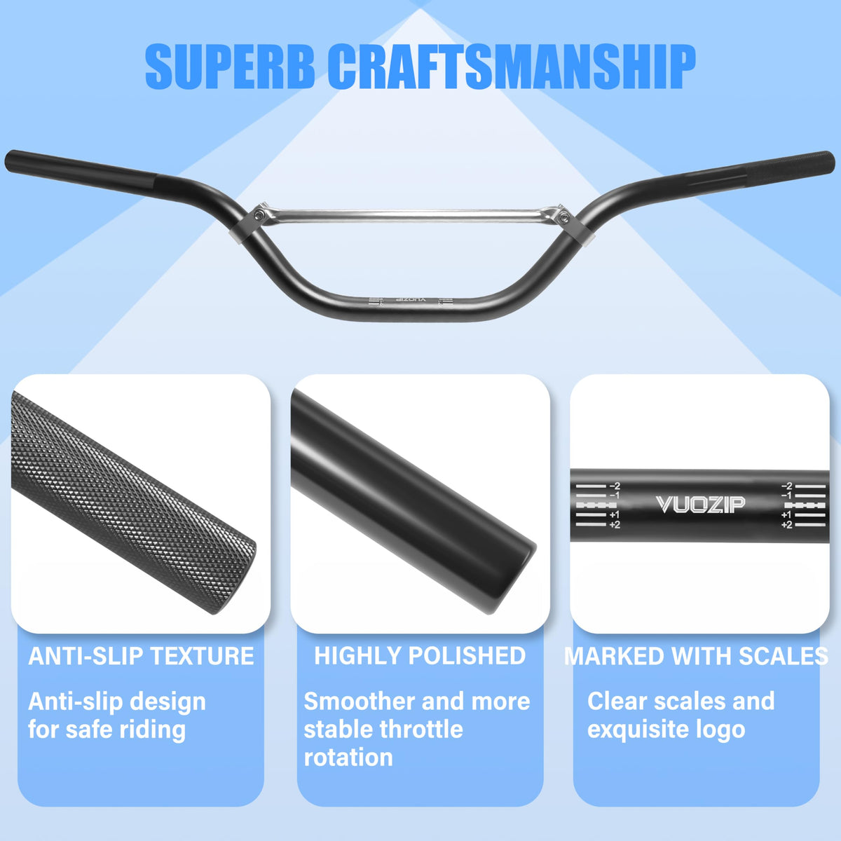 VUOZIP anti-slip rubber grips and throttle sleeve displayed, added comfort and control