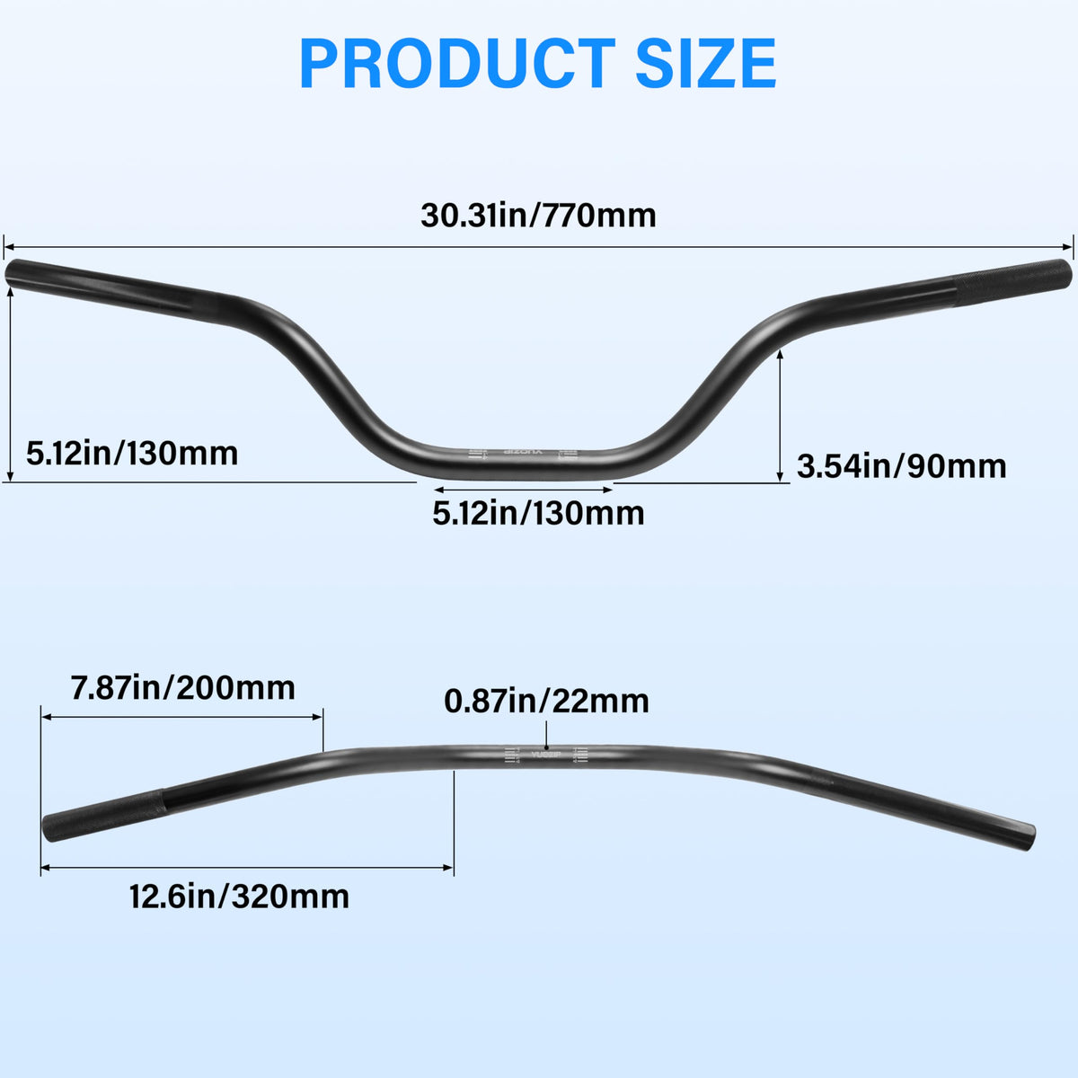 VUOZIP handlebar next to ruler showing dimensions and rise for accurate sizing