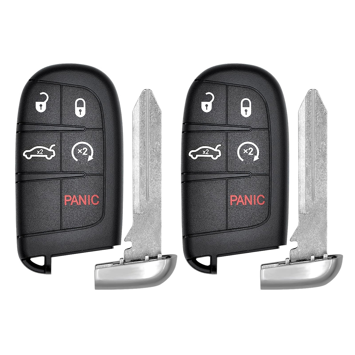 Vurkcy front view of two key fobs showing five buttons and OEM look benefit