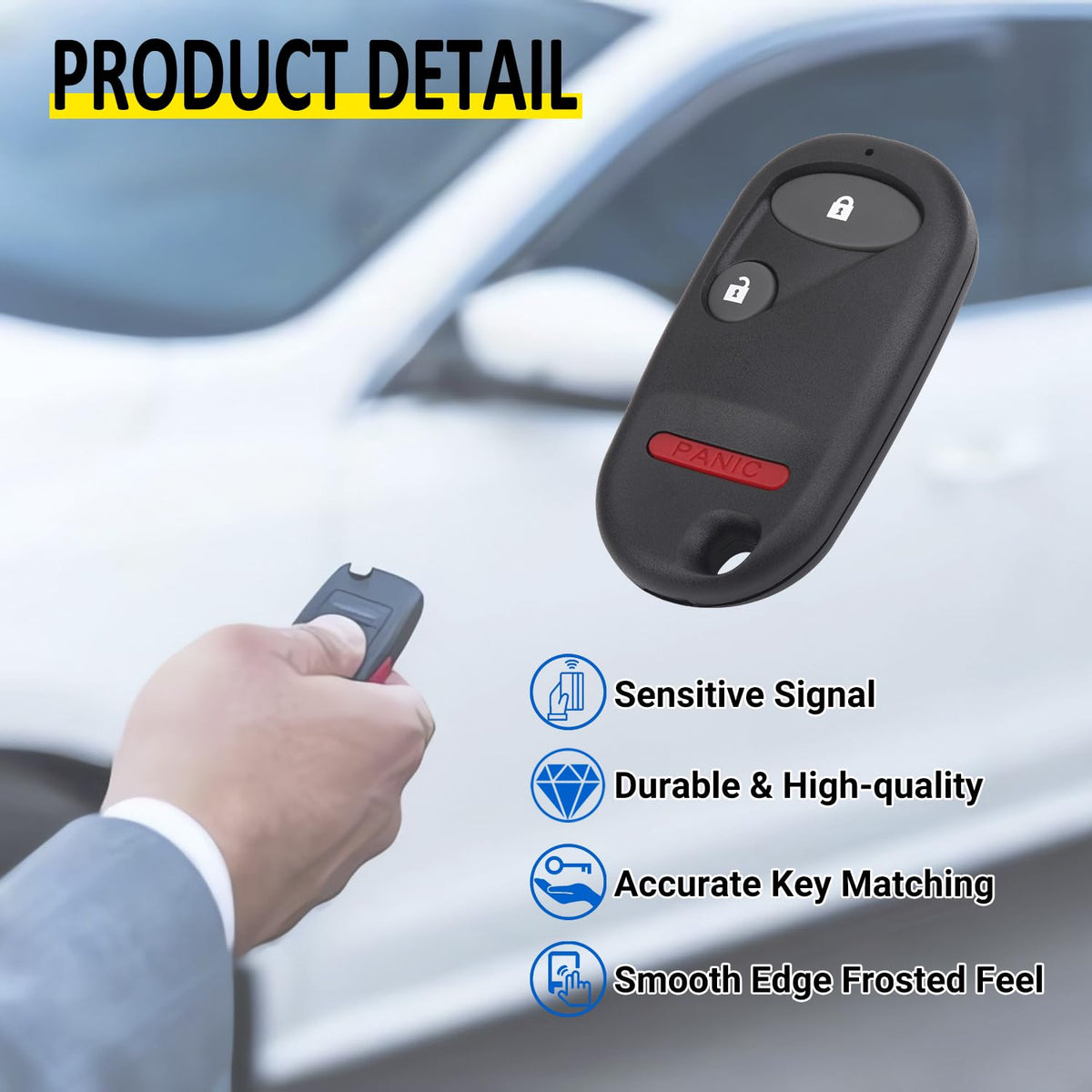 Vurkcy key fob held in hand illustrating compact size and comfortable grip