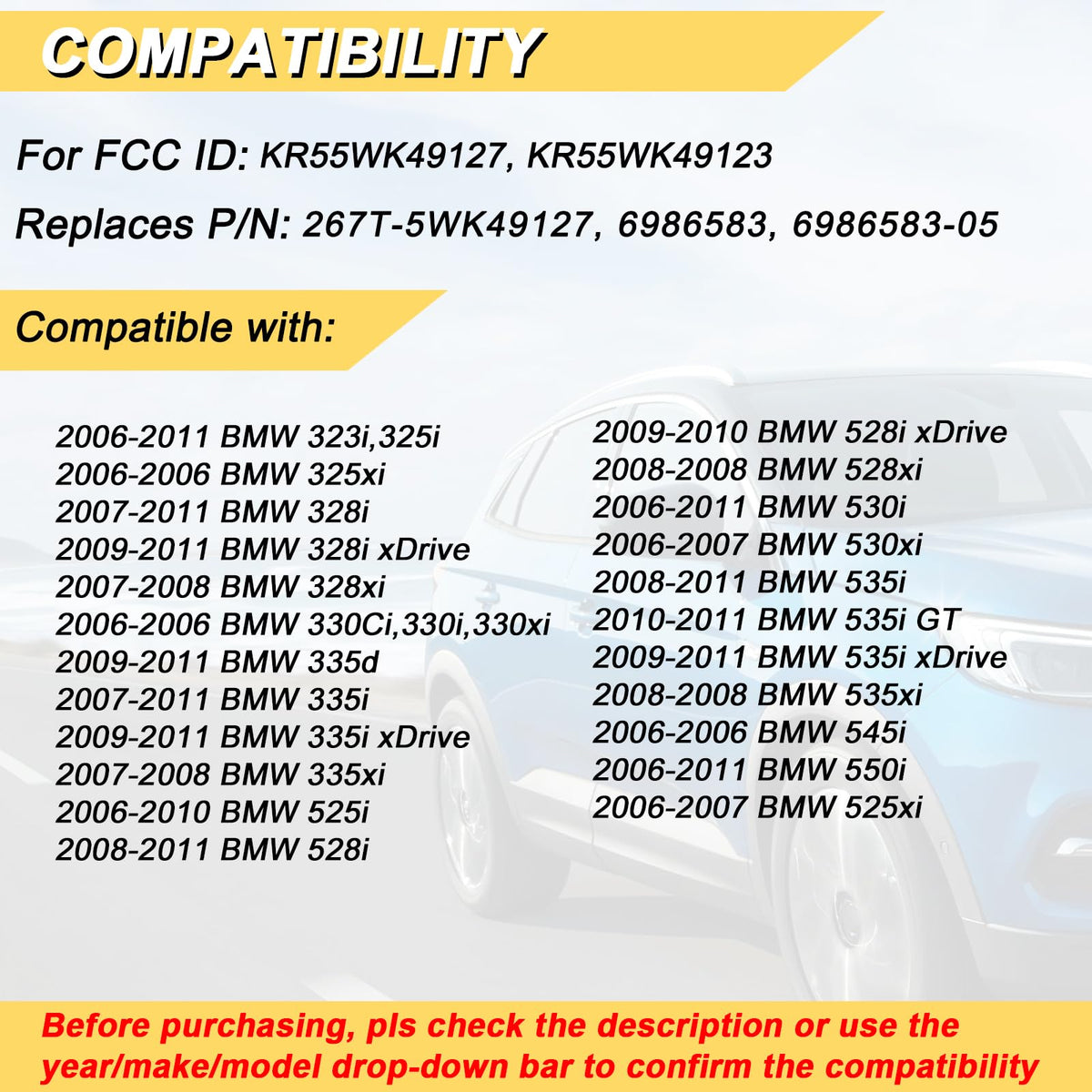 Vurkcy back label showing FCC and part numbers for accurate vehicle matching