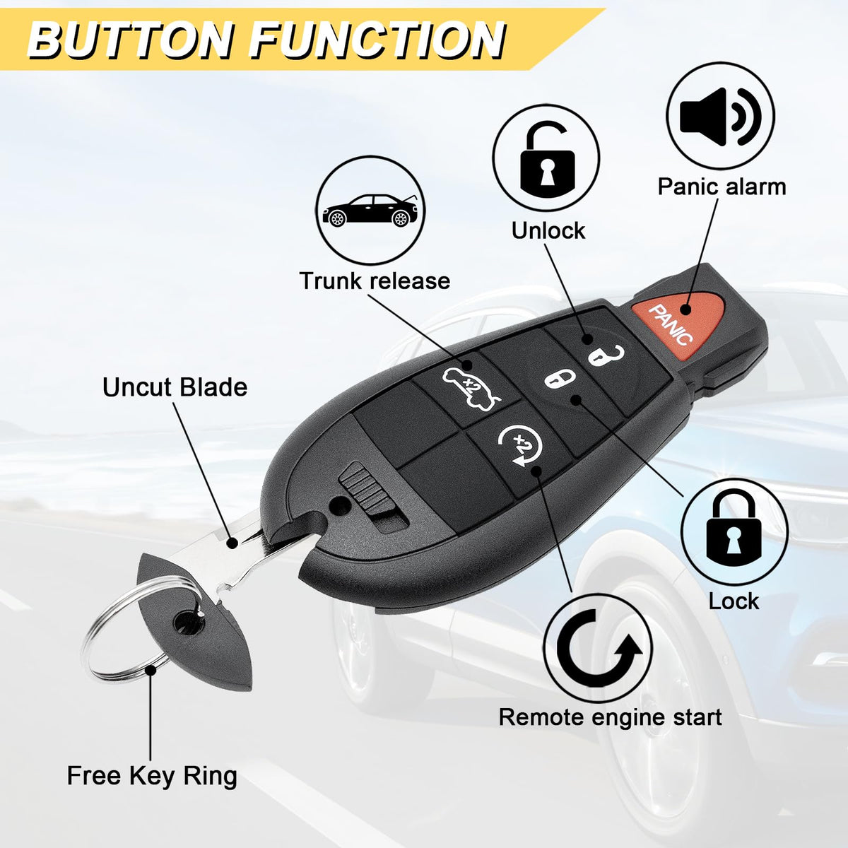 Vurkcy close-up of buttons showing clear icons for lock, unlock, trunk, start, panic