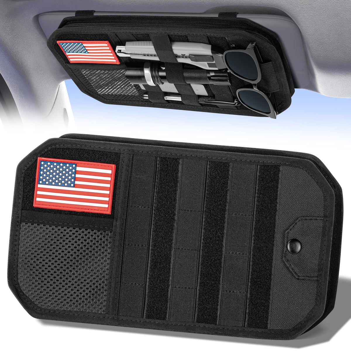 Vutirp front view of visor organizer showing pockets and zipper for neat storage
