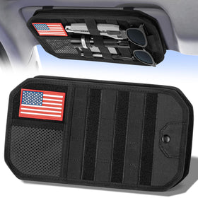 Vutirp front view of visor organizer showing pockets and zipper for neat storage