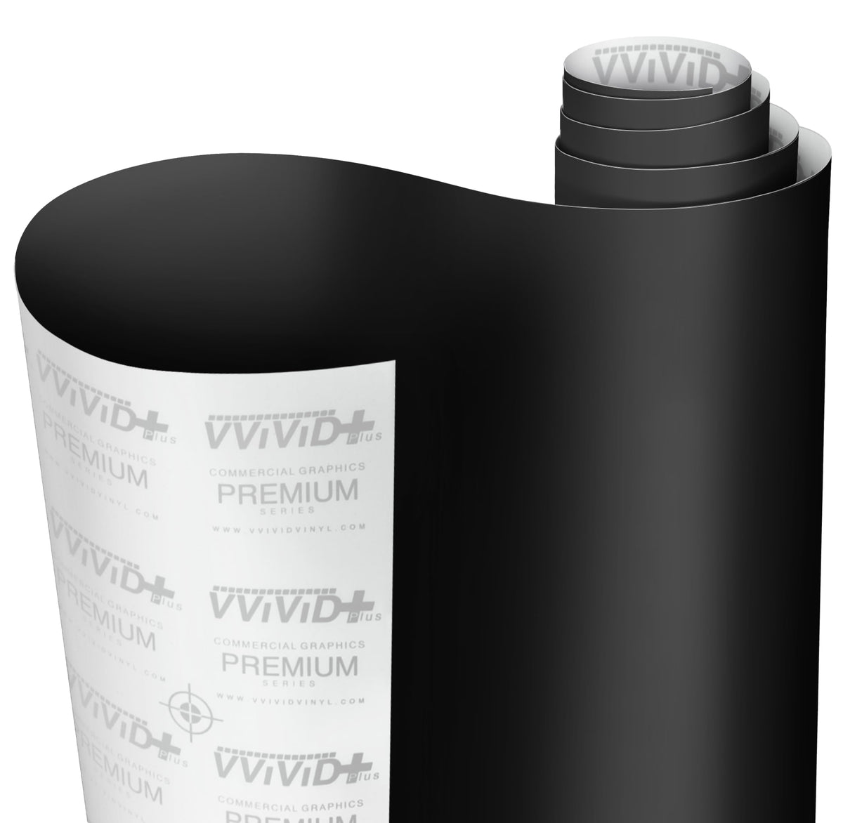 VViViD front view of black matte roll showing label and size benefit of clear product details