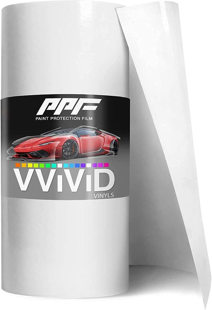 VViViD clear PPF roll showing packaging and product width, protects paint
