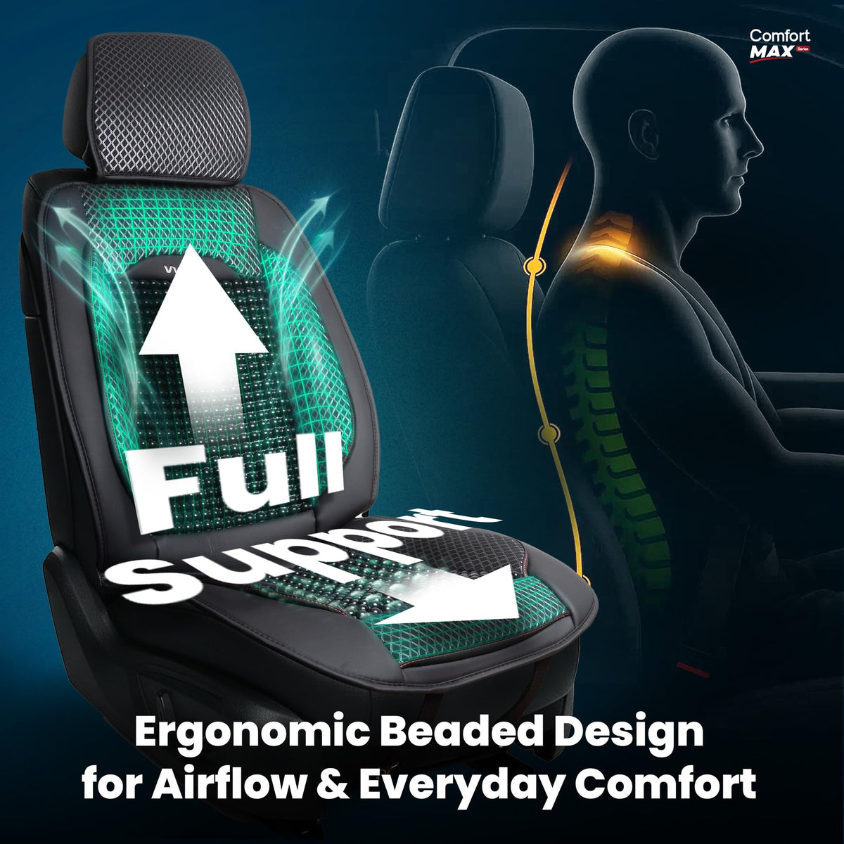 Vyonix seat cover installed in a sedan demonstrating cool comfort and secure fit