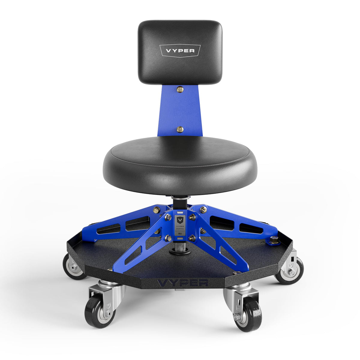 Vyper front view of shop chair showing seat and blue frame for durable comfort