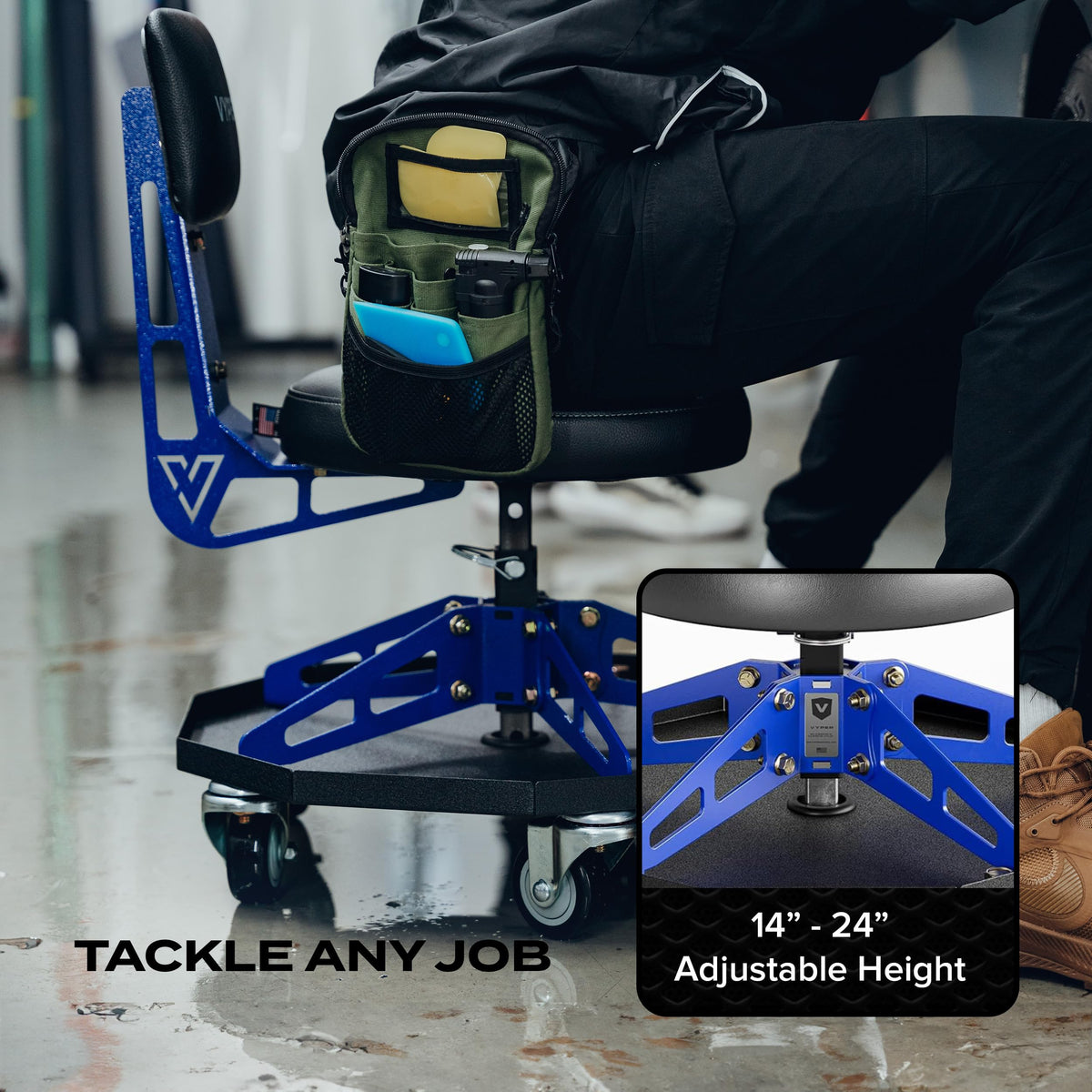 Vyper chair next to toolbox showing scale and 300 lb capacity for reliability
