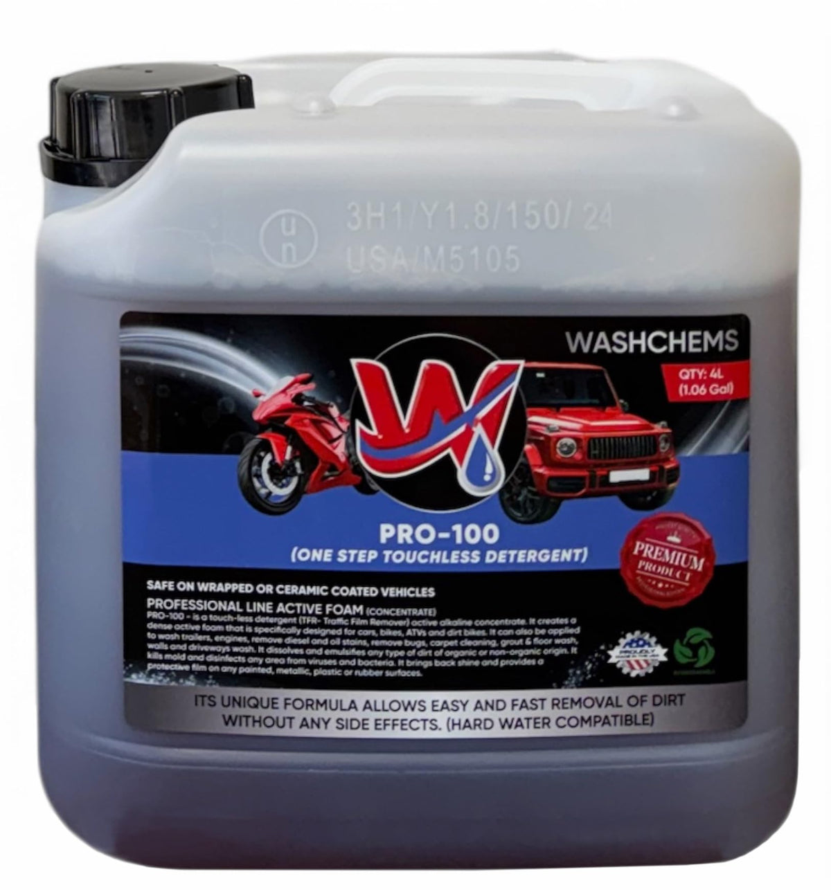 W Wash Chems Pro100 front label showing product details and benefits