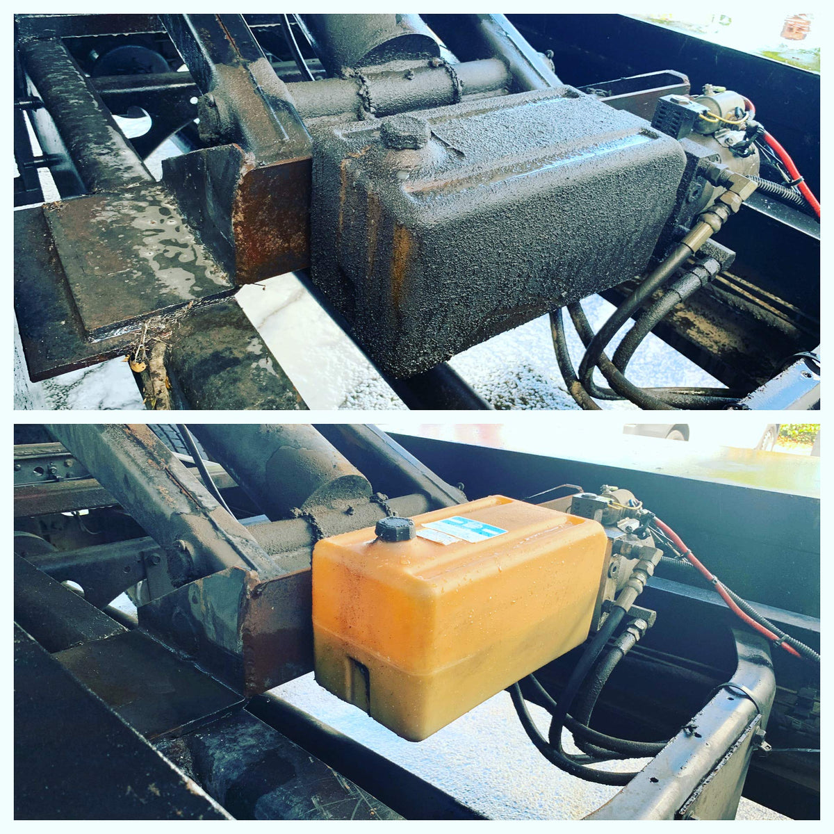 W side-by-side before and after vehicle panel cleaned with W showing visible results