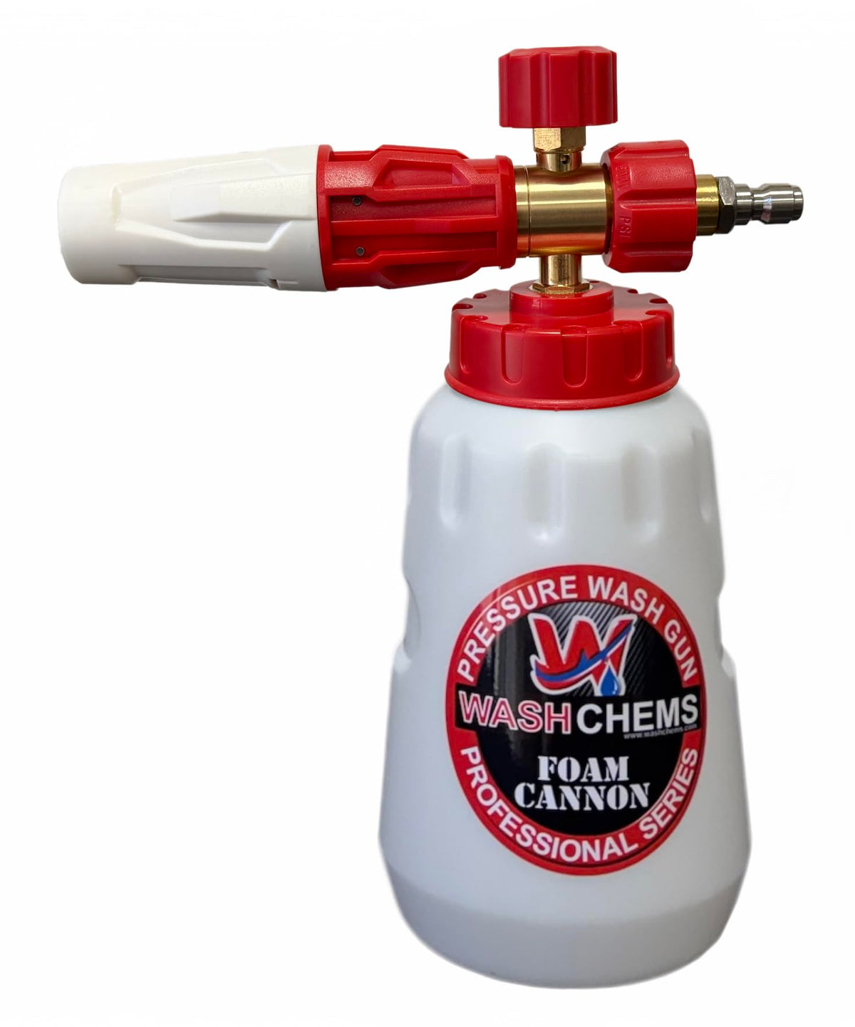 W Wash Chems foam cannon front view showing durable bottle and assembly, improving wash speed