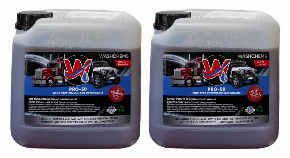 W Wash Chems Pro 50 front view showing labels and easy-pour handles for fast refills