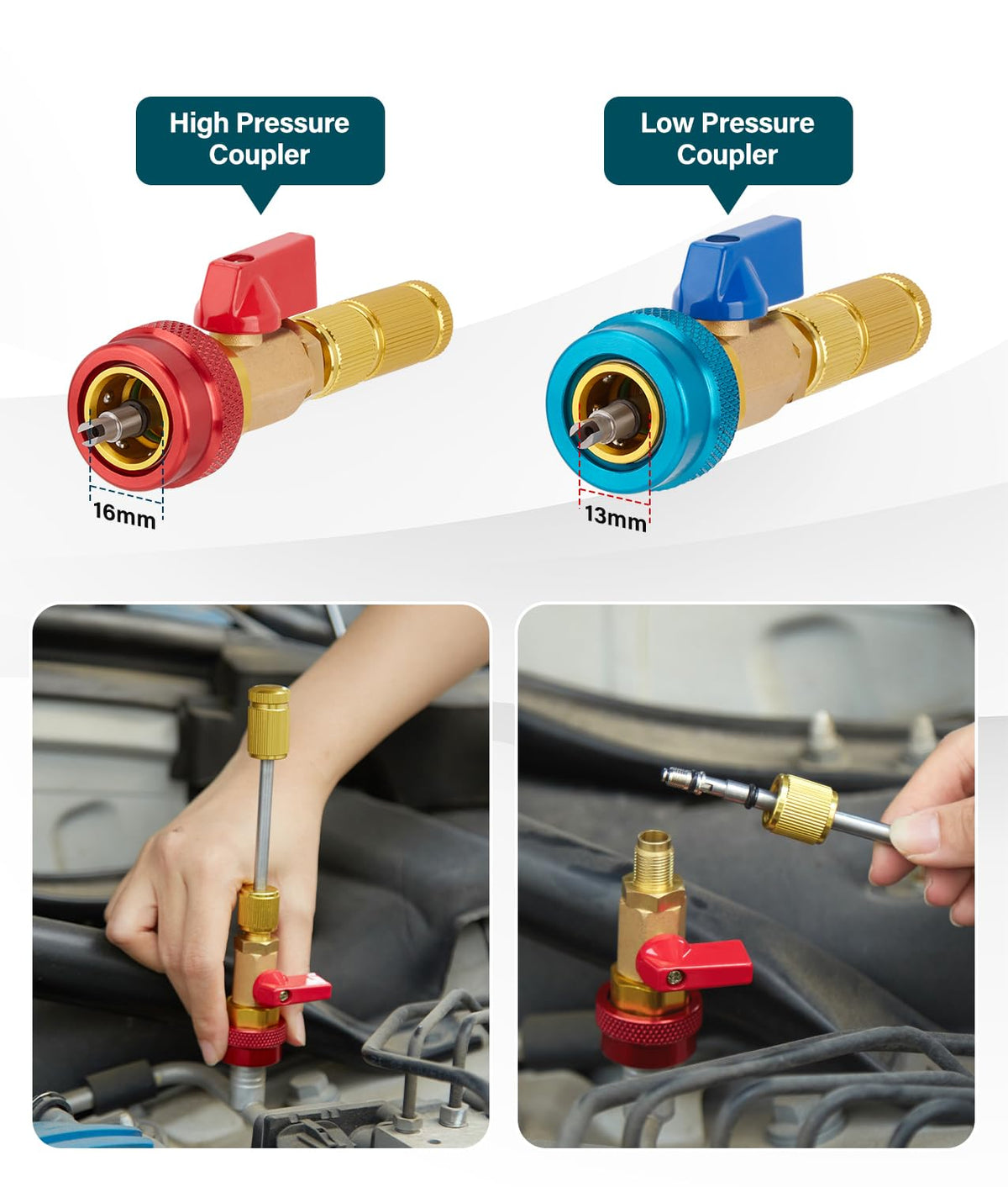 WADEO tool in use on car AC port illustrating fast valve-core replacement benefit