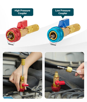 WADEO tool in use on car AC port illustrating fast valve-core replacement benefit