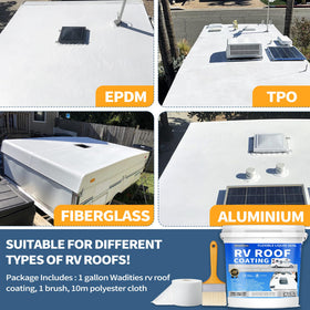 Wadities being brushed onto RV roof illustrating easy application and waterproofing