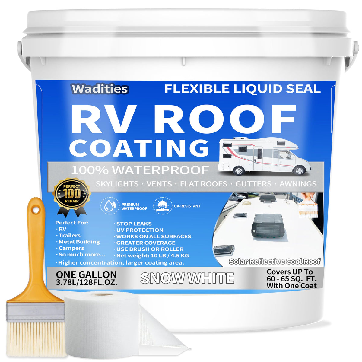 Wadities pail front view showing product label and white roof sealant benefits