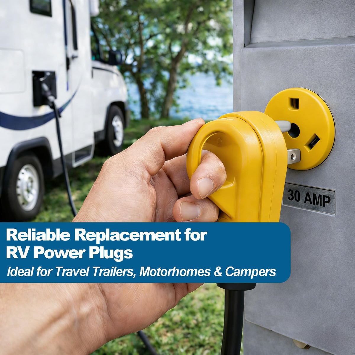 Wadoy plug connected to RV at campsite demonstrating easy hookup benefit