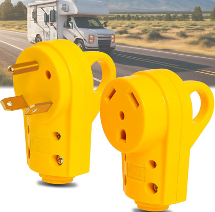 Wadoy front view of yellow 30A RV plug showing shape and fit benefit