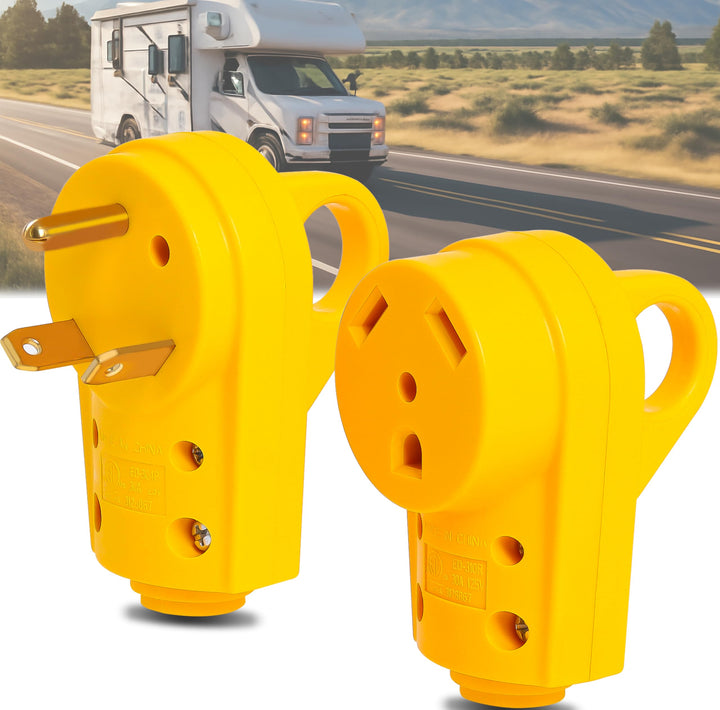 Wadoy front view of yellow 30A RV plug showing shape and fit benefit