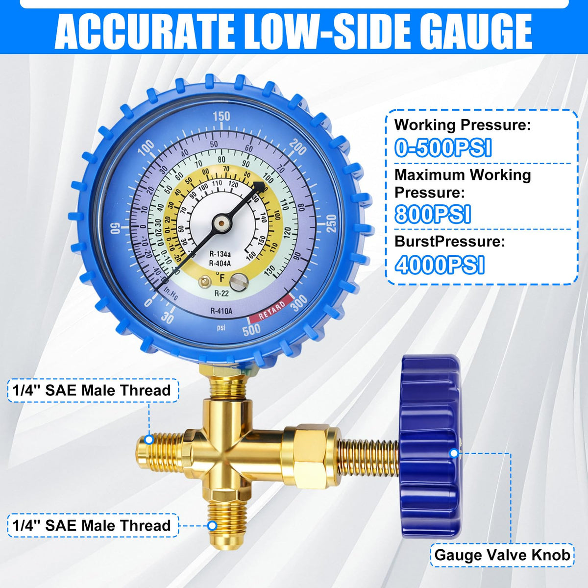 Wadoy close-up of large pressure gauge for clear low-side monitoring