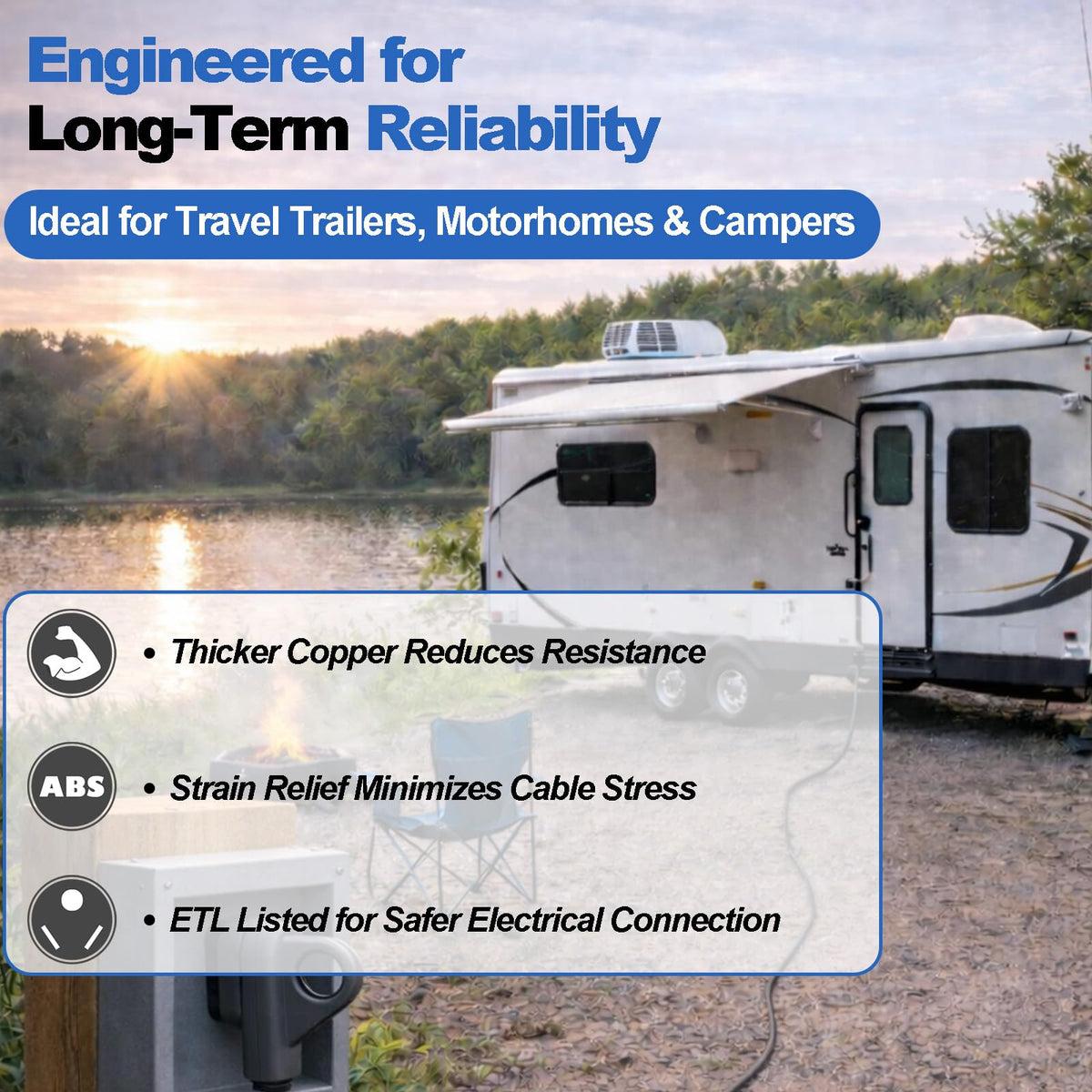 Wadoy lifestyle image at campsite showing dependable power setup for RV appliances