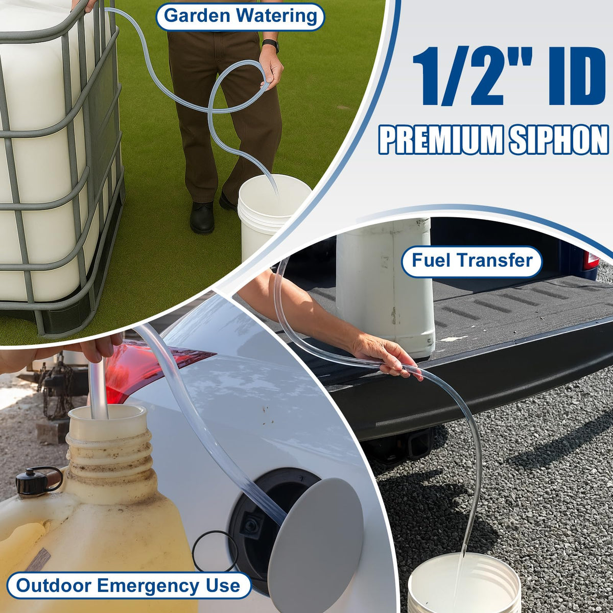 Wadoy siphon stored in car trunk emergency kit for roadside fuel or water transfer aid