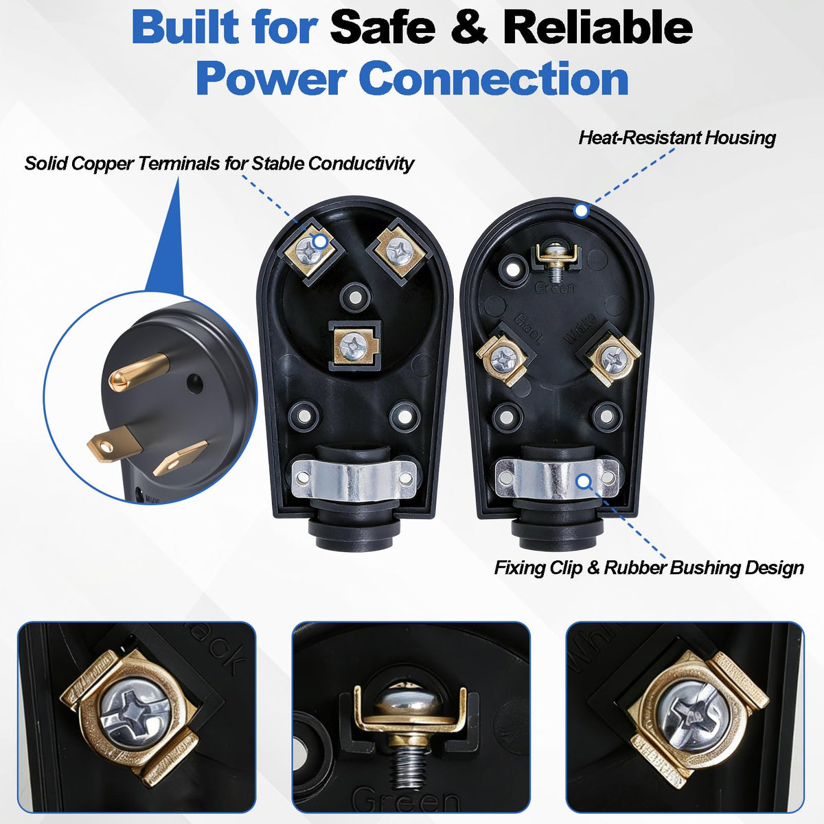 Wadoy plug and receptacle with open housing showing clear terminal labeling for easy wiring